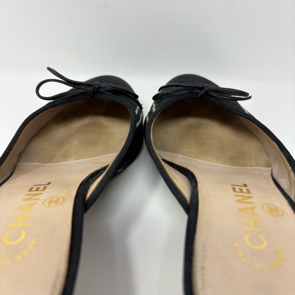 Chanel CC Cap Toe Bow Mules Black Canvas Kitten Heel Size 37.5 Y2K Vintage Satin - Picture 6 of 16